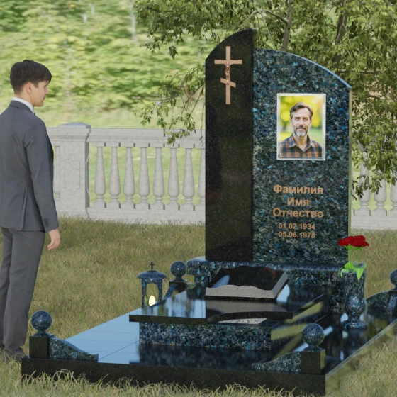 Памятник — волна с объемным крестом, гранит Блю Перл, вид 4, в Якутске