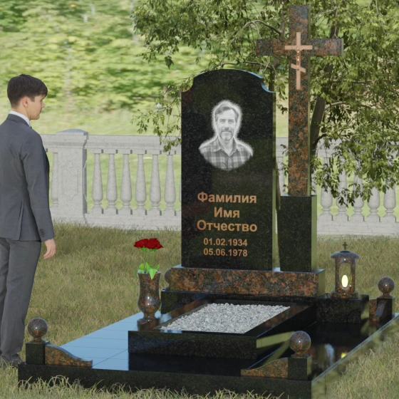 Гранитный вертикальный памятник с крестом во Владивостоке, гранит Габбро-диабаз, вид 4