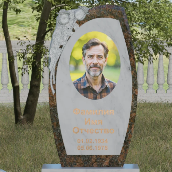 Мемориал с резьбой розы и асимметричной стелой, мрамор Тассос
