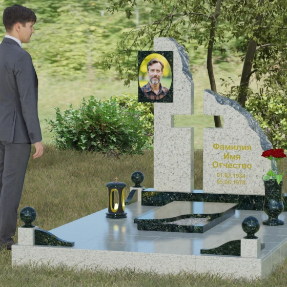 Комбинированный православный памятник с крестом в Норильске, гранит Балтик грин, вид 4