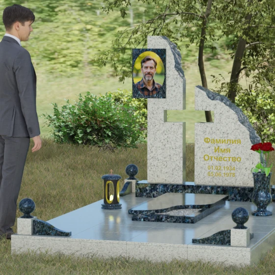 Комбинированный православный памятник с крестом в Норильске, гранит Блю Перл, вид 4