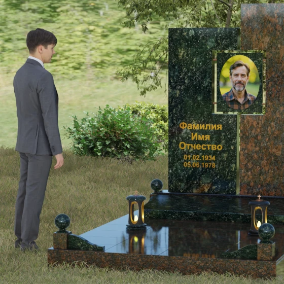 Светский комбинированный вертикальный памятник в Хабаровске, гранит Балтик грин, вид 4