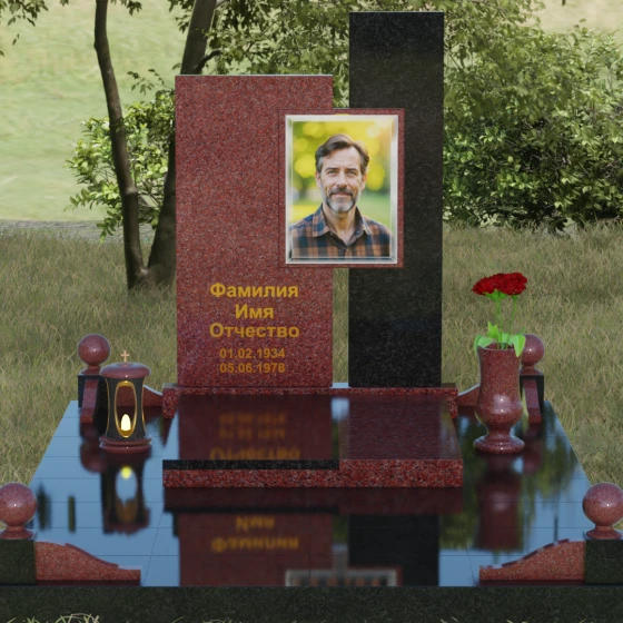 Комбинированный вертикальный памятник светский в Саратове, гранит Лезниковский, вид 2