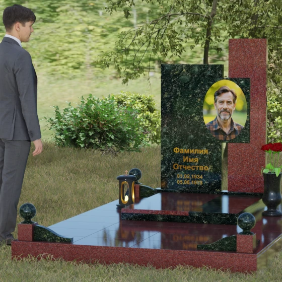 Комбинированный вертикальный памятник светский в Саратове, гранит Балтик грин, вид 4