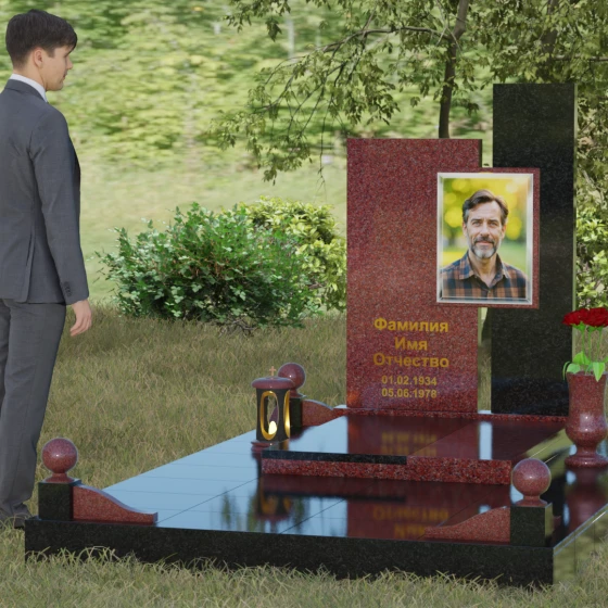Комбинированный вертикальный памятник светский в Саратове, гранит Лезниковский, вид 4