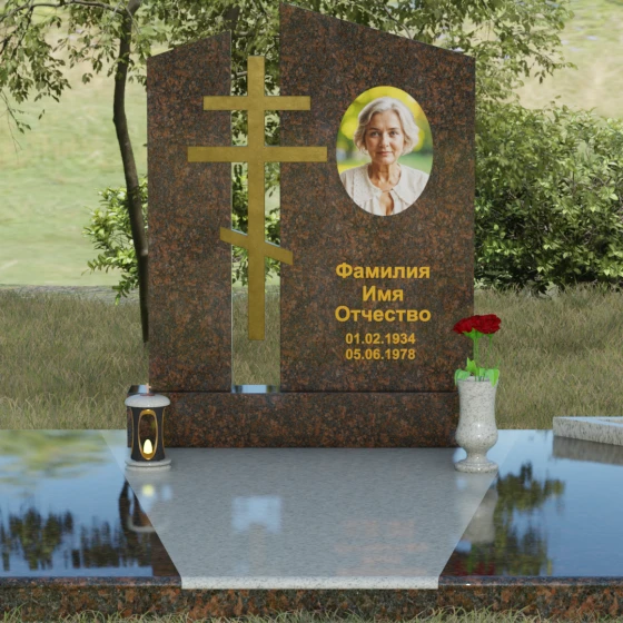 Православный комбинированный памятник с крестом, гранит Дымовский, вид 2