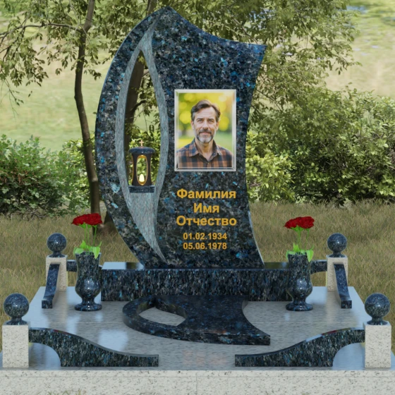 Гранитный памятник с каплевидным отверстием, гранит Блю Перл, вид 2, в Якутске
