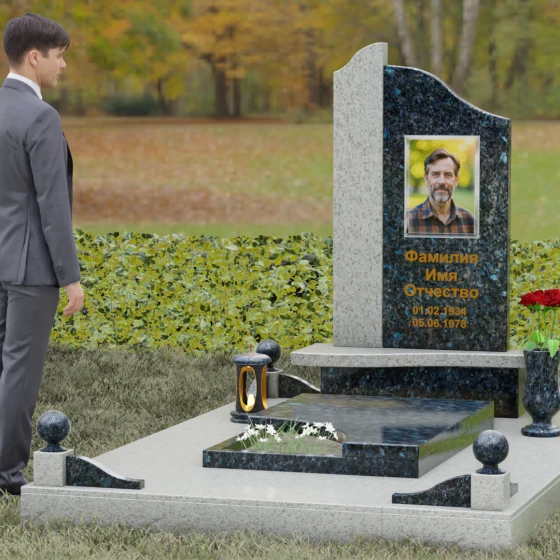 Комбинированный светский памятник в Воронеже, гранит Блю Перл, вид 4