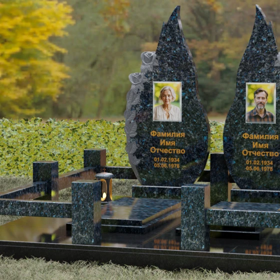 Вертикальный гранитный памятник на двоих в Кемерово, гранит Блю Перл, вид 4