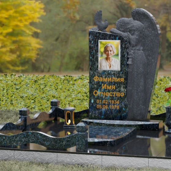 Элитный комбинированный вертикальный светский памятник во Владивостоке, гранит Блю Перл, вид 4