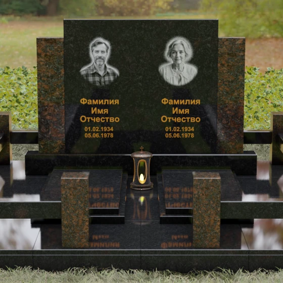 Комбинированный горизонтальный памятник на двоих в Ставрополе, гранит Габбро-диабаз, вид 2