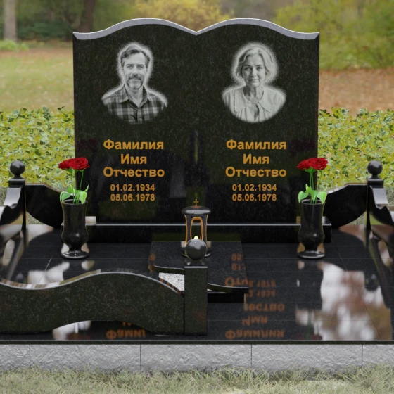 Горизонтальный гранитный памятник на двоих в Томске, гранит Габбро-диабаз, вид 2