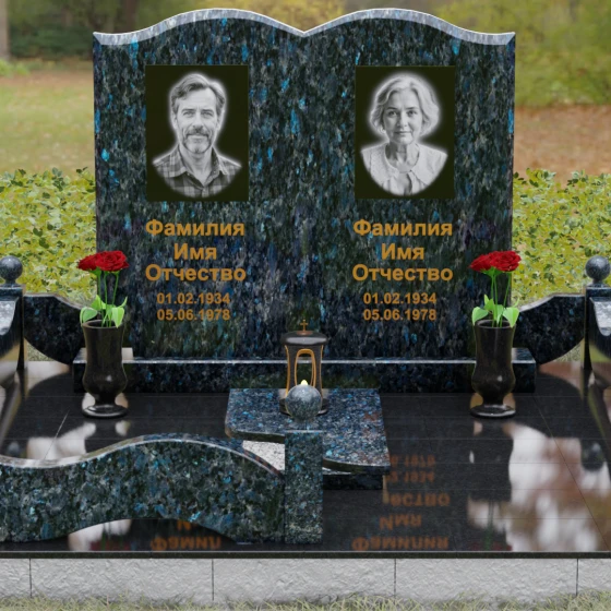 Горизонтальный гранитный памятник на двоих в Томске, гранит Блю Перл, вид 2