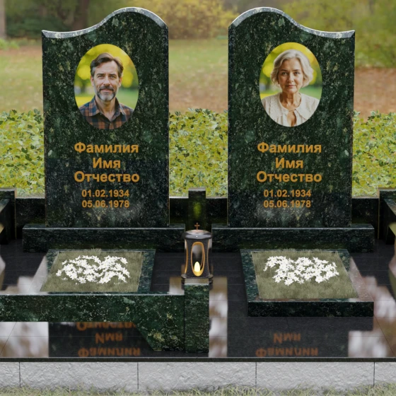 Памятник гранитный двойной с волнообразным верхом, гранит Балтик грин, вид 2, в Якутске