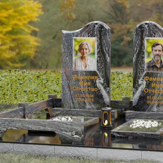 Памятник гранитный двойной с волнообразным верхом, гранит амфиболит, вид 4, в Якутске