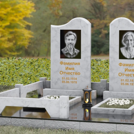 Памятник гранитный двойной с волнообразным верхом, мрамор Тассос, вид 4, в Якутске