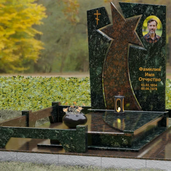 Православный вертикальный памятник на одного в Салехарде, гранит Балтик грин, вид 4