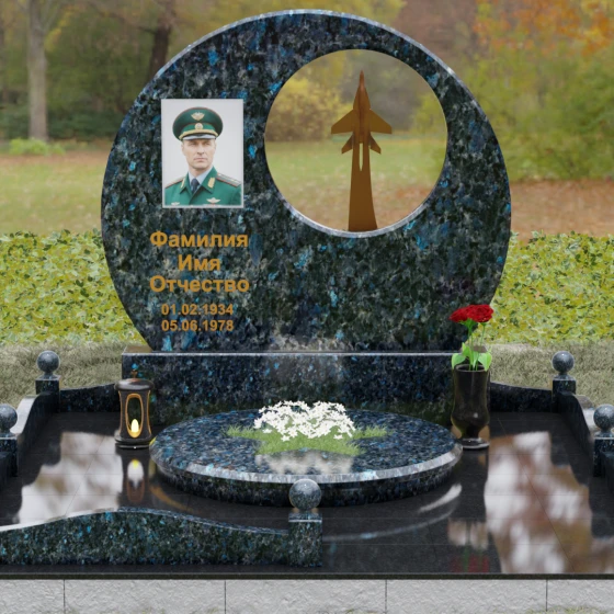 Гранитная стела с истребителем и кругом, гранит Блю Перл, вид 2