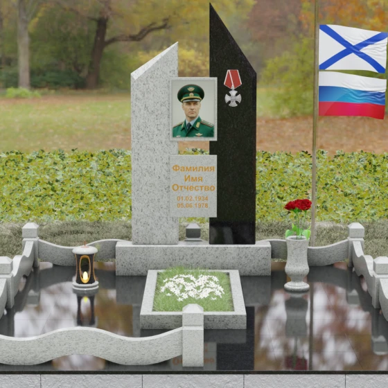 Вертикальный комбинированный памятник для одного в Ставрополе, гранит Мансуровский, вид 2