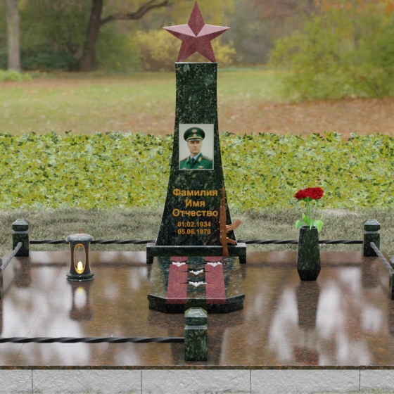 Гранитный мемориал со звездой и автоматом Калашникова, гранит Балтик грин, вид 2