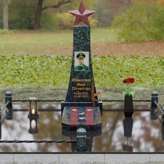 Гранитный мемориал со звездой и автоматом Калашникова, гранит Блю Перл, вид 2