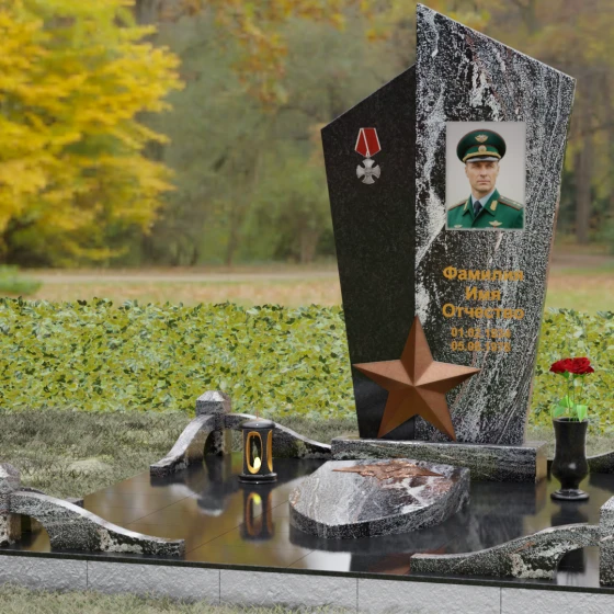 Вертикальный Комбинированный памятник на одного в Салехарде, гранит амфиболит, вид 4