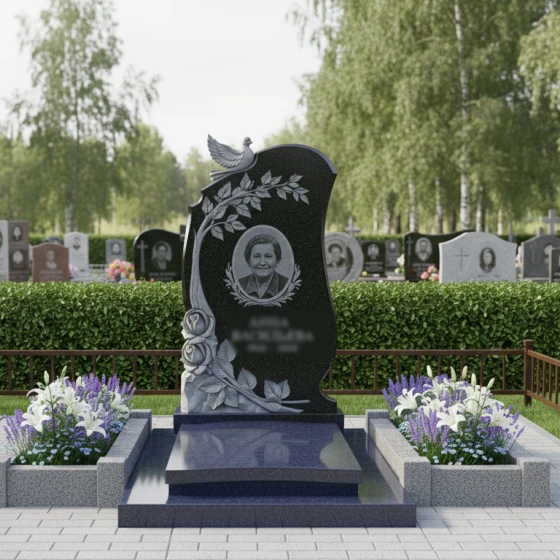Гранитный памятник «Умиротворение» с голубем и розами, гранит Габбро-диабаз