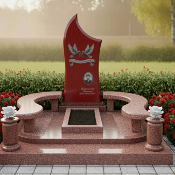Элитный гранитный памятник «Парус» с голубями, гранит Лезниковский