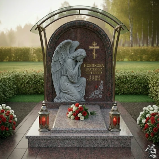Православный памятник с крестом и стеклом в Мурманске, гранит Балтик грин