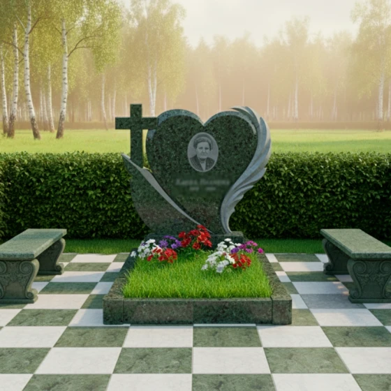 Гранитный памятник с сердцем и православным крестом, гранит Балтик грин, в Якутске