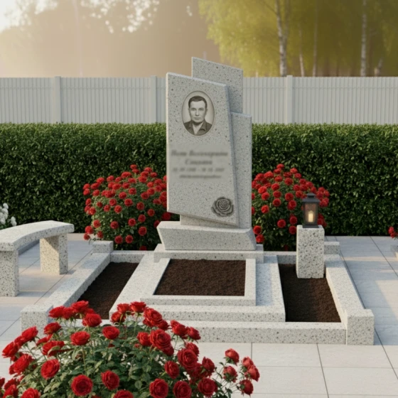 Мемориальная композиция с розой и асимметричными блоками, гранит Мансуровский, в Якутске