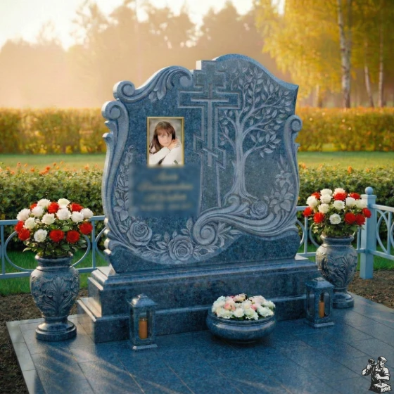 Элитный Православный Гранитный памятник с крестом в Ярославле, гранит Блю Перл