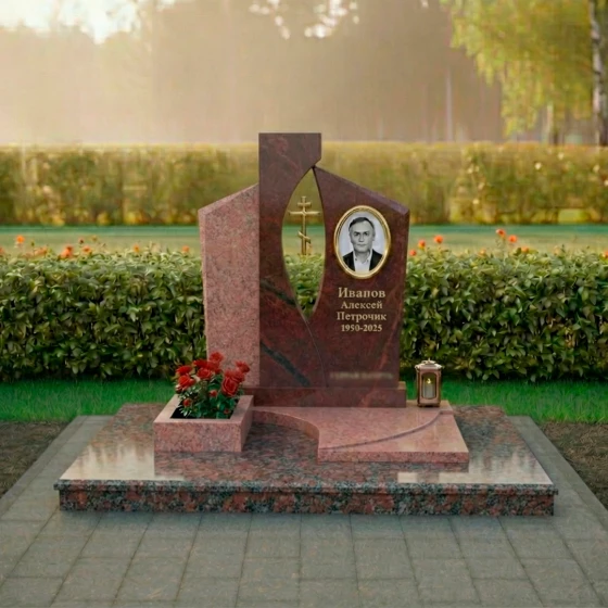 Православный гранитный памятник с крестом в Липецке, гранит Лезниковский