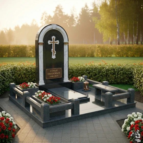 Элитный комбинированный памятник-арка с крестом, гранит Габбро-диабаз