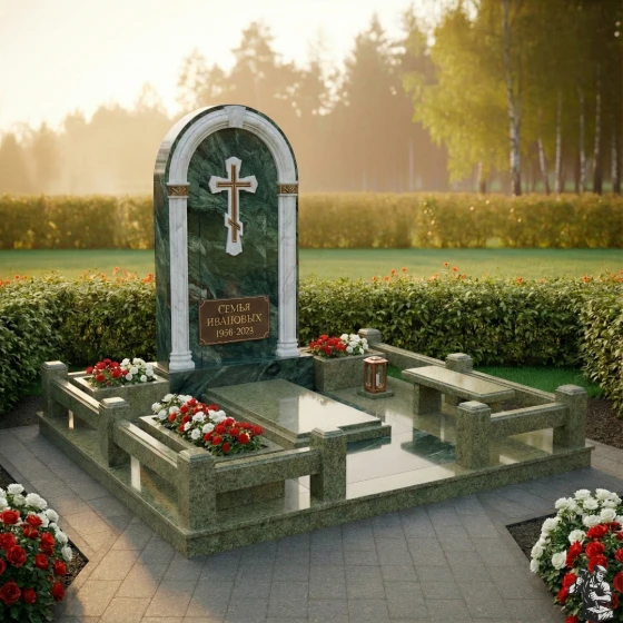 Элитный комбинированный памятник-арка с крестом, гранит Балтик грин