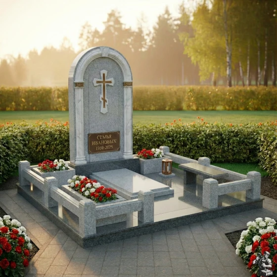 Элитный комбинированный памятник-арка с крестом, гранит Мансуровский