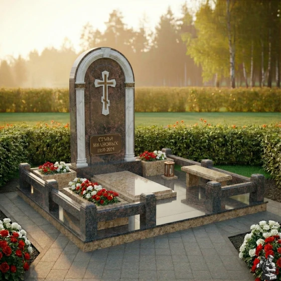 Элитный комбинированный памятник-арка с крестом, гранит Дымовский