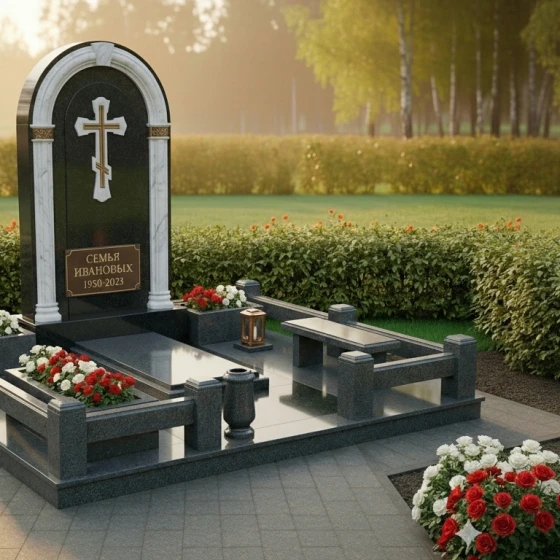 Элитный комбинированный памятник-арка с крестом, гранит амфиболит