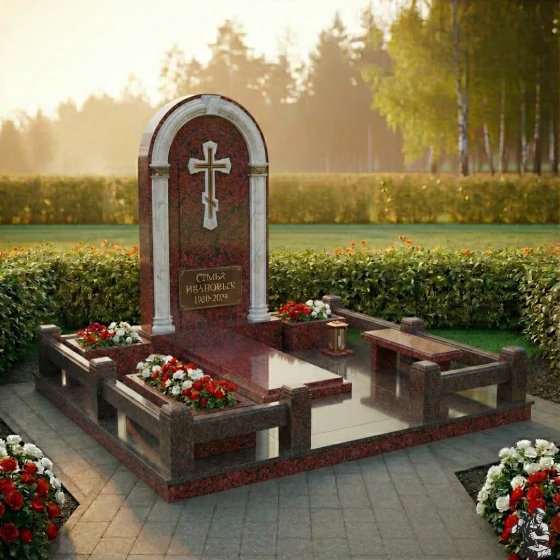 Элитный комбинированный памятник-арка с крестом, гранит Лезниковский