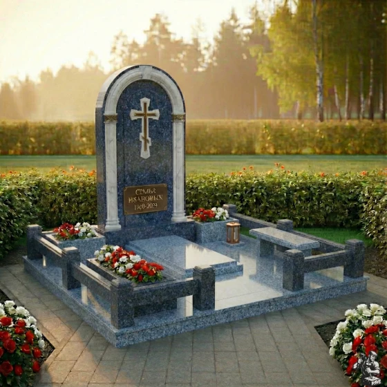 Элитный комбинированный памятник-арка с крестом, гранит Блю Перл