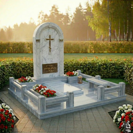 Элитный комбинированный памятник-арка с крестом, мрамор Тассос
