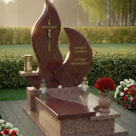 Мемориальная композиция с латунным крестом и вазой, гранит Лезниковский, в Якутске