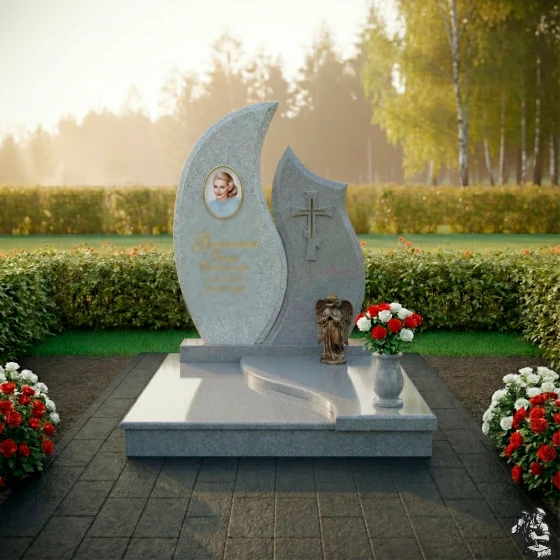 Комбинированный памятник с крестом и ангелом, гранит Мансуровский, в Якутске