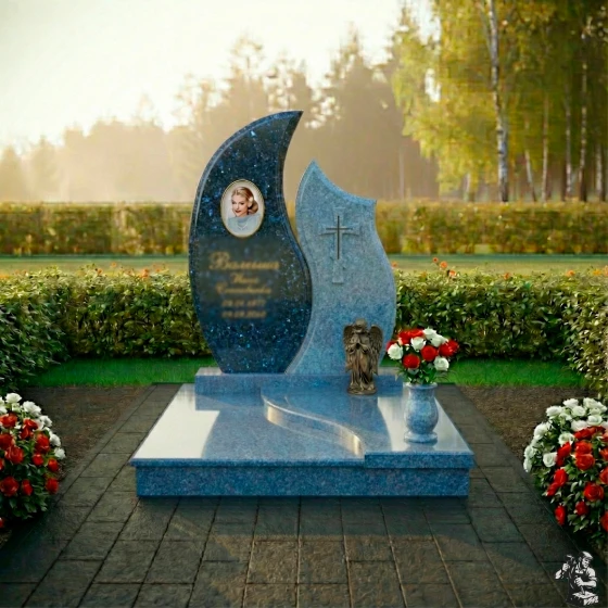 Комбинированный памятник с крестом и ангелом, гранит Блю Перл, в Якутске