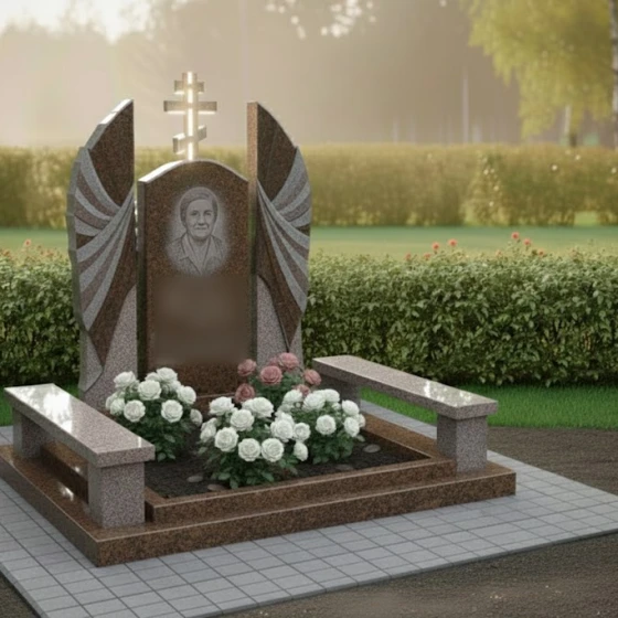 Гранитный мемориальный комплекс «Крылья» с крестом, гранит Дымовский