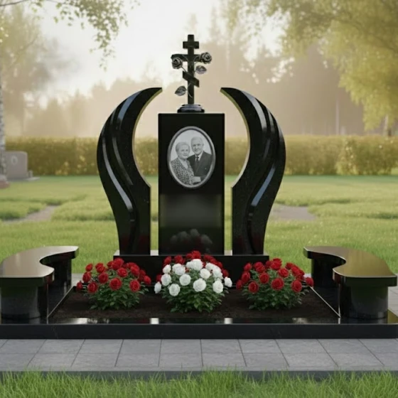 Памятник с православным крестом и розами, гранит Габбро-диабаз, в Якутске
