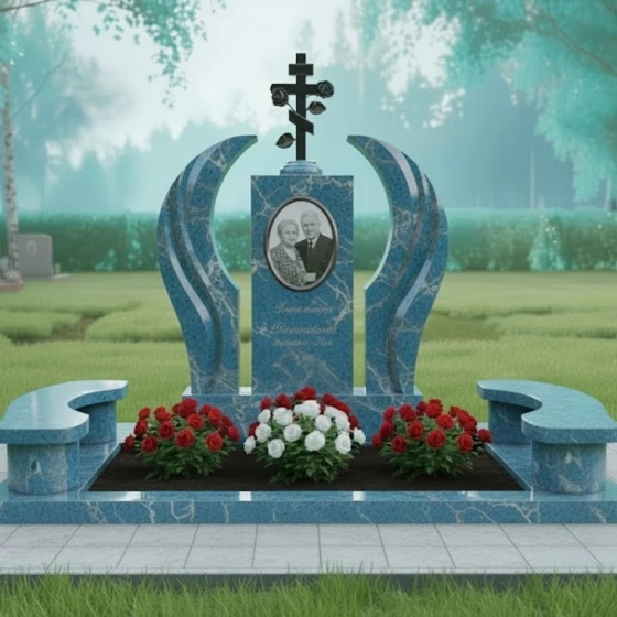 Памятник с православным крестом и розами, гранит Блю Перл, в Якутске