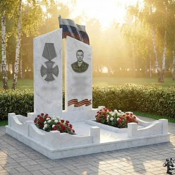 Гранитный вертикальный светский памятник во Владивостоке, мрамор Тассос