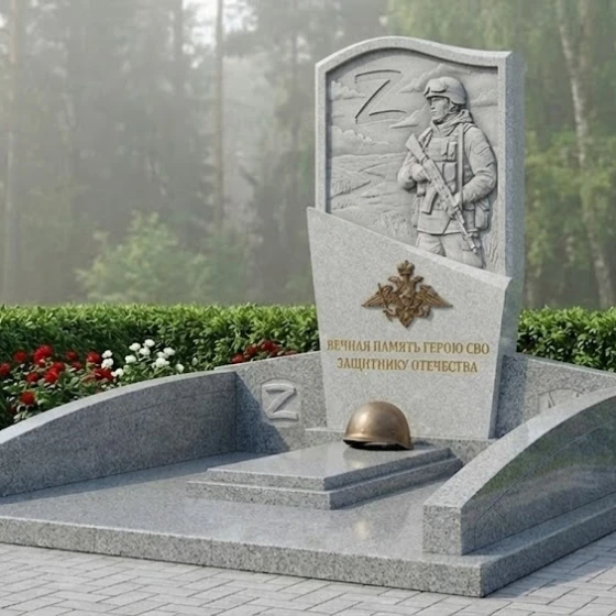 Гранитный памятник воину СВО с барельефом, гранит Мансуровский, в Якутске