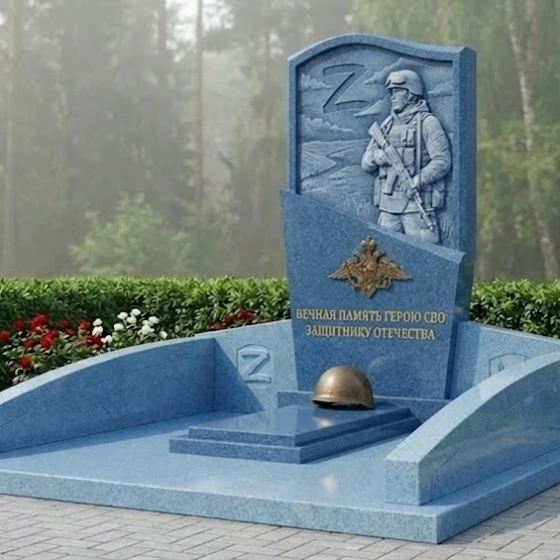 Гранитный памятник воину СВО с барельефом, гранит Блю Перл, в Якутске